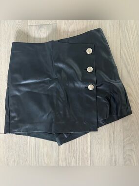 Black Faux Leather Mini Skort with Gold Buttons